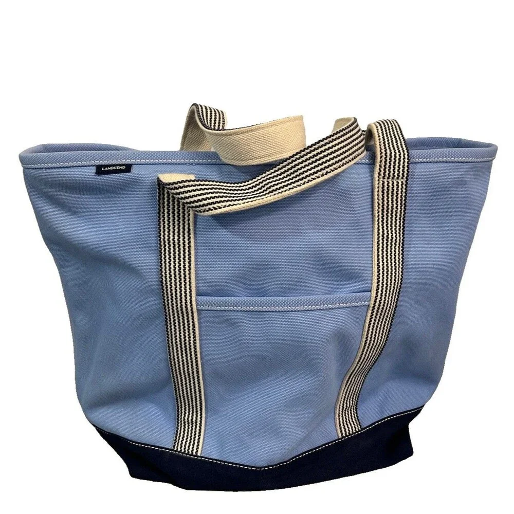 Lands' End Cotton Canvas Medium Tote Bag 5 Pockets Zip Closure Light Blue/Navy